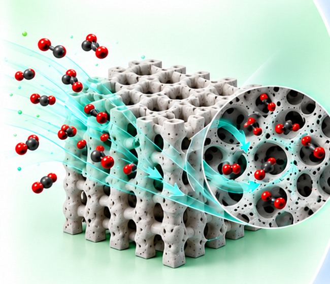 Conceptual close-up of a 3D-printed porous adsorbent from the homepage research illustration